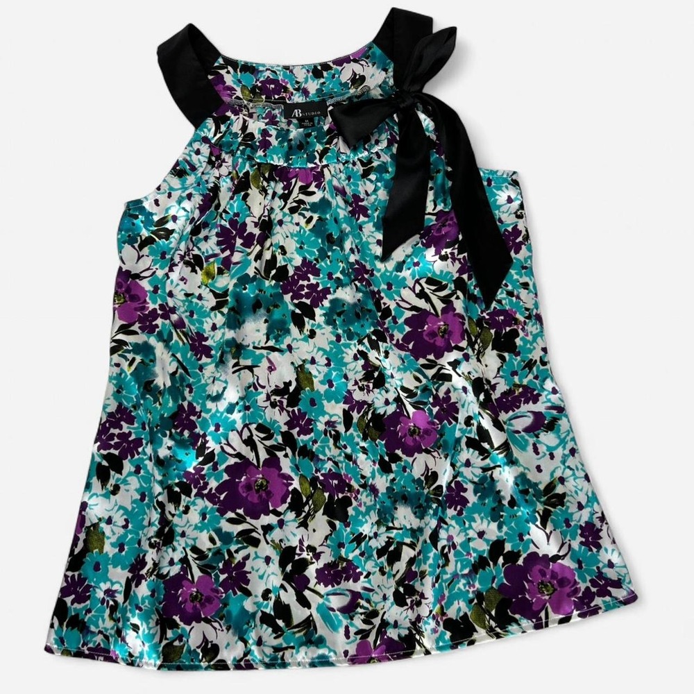 AB Studio Womens Floral Sleeveless Blouse Black Bow Detail Teal Purple Size M